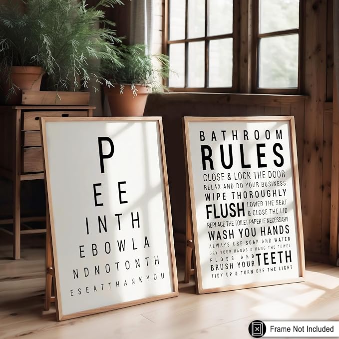 Poster Master 2-Piece Bathroom Sign Print - Eye Chart & Rules Poster - Humorous Guest Bath Decor - Minimal Typography Design - Powder Room Decor - Funny Restroom Sign - 24x32 UNFRAMED Wall Art