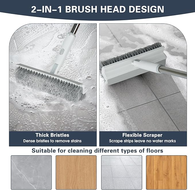 4 in 1 Snap Grip Mini Mop with Squeegee, Floor Scrub Brush with Long Handle | Click Mop, 2 Shiny Towels Wipes Cleaning Cloths, 2 Crevice Brush, Snap Grip Mop for Windows Car Glass Floor Shower Bathroom