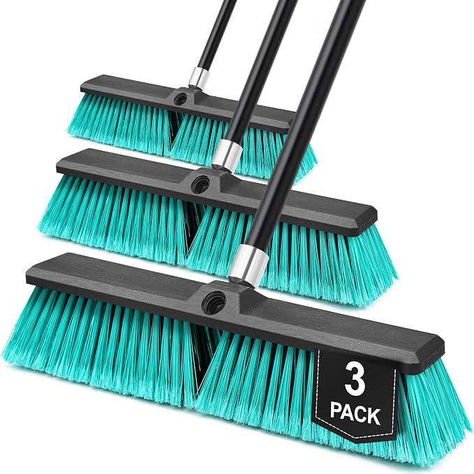 TidyBliss 3 Pack 18” Push Broom Outdoor Heavy Duty, Large Commercial Stiff Bristle Brush with 63 inches Long Handle for Garage Shop Garden Yard Patio Deck Street Warehouse Lawn Driveway (Green)