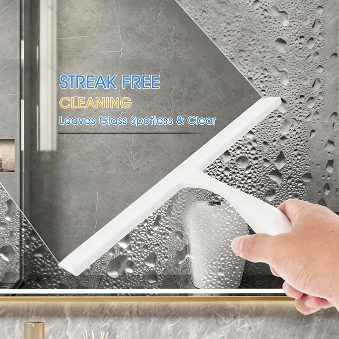 Shower Squeegee for Glass Doors, 11-Inch Silicone Squeegee with Non-Slip Handle and Adhesive Hook for Bathroom, Mirror（White）