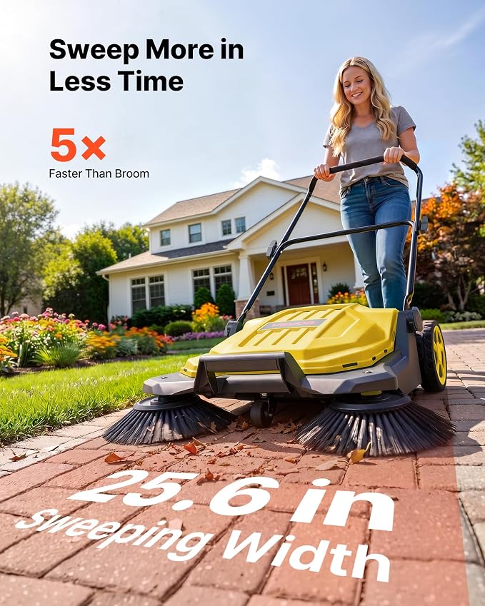 VEVOR Walk-Behind Hand Push Floor Sweeper, Manual Floor Sweeper Non-Electric with 25.6" Sweeping Width, 5 Gallons Waste Container & Adjustable Folding Handle for Yards Walkways Patios Garages - Yellow | 5 Gallons Waste Container & Adjustable Folding Ha...