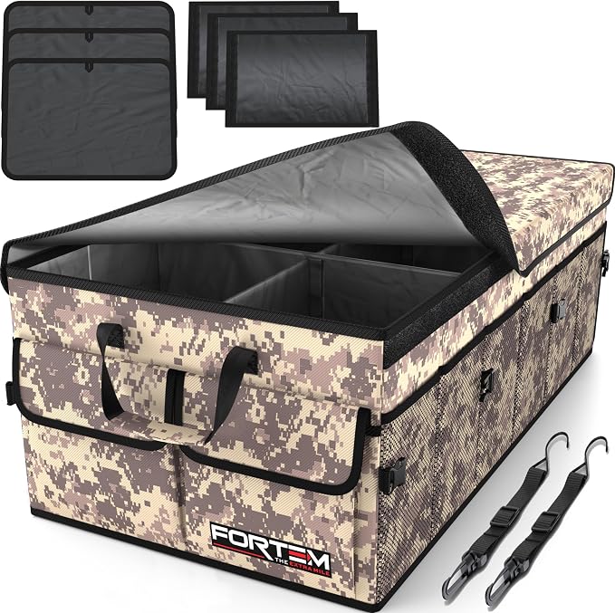 FORTEM Trunk Organizer - Foldable Car Organizer & Storage for SUVs & Trucks | Car Accessories for Men Women, Collapsible Bag, Non Slip Bottom, Straps, Soft Cover, 600D Oxford, 6 Compartments, 85L