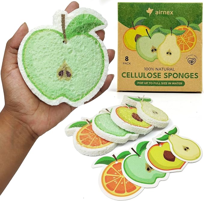 AIRNEX Biodegradable Cellulose Compressed Sponges Bulk - Fruit Shaped Kitchen Pack of 8 - Eco Friendly, Odor Free, Natural, Pop Up Compostable Scrubbers for Washing Dishes