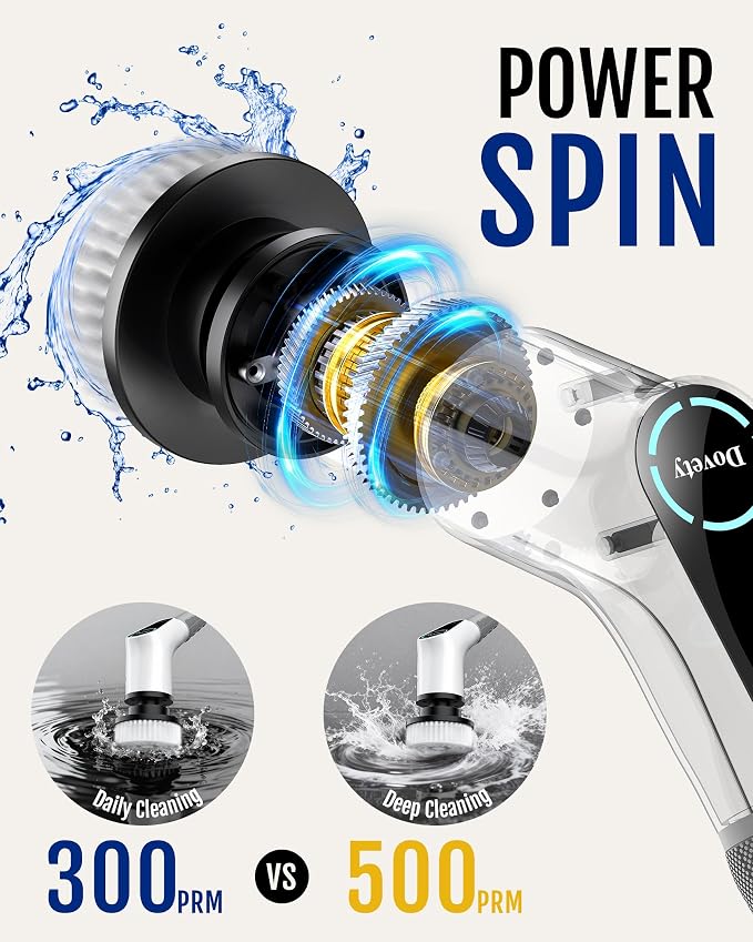 Dovety Electric Spin Scrubber, Extendable Handle, 8 Brush Heads-WH | 90-minute long runtime, Type-C fast charging, multi-scene cleaning tool for shower, bathtub, tile and bathroom scrubbing