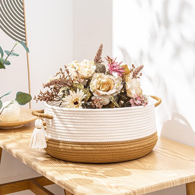 KAKAMAY Woven Baskets for Storage(16"x8"),Blanket Basket for Organizing Living Room,Cotton Rope Basket Woven Baby Laundry Hamper,Collapsible Laundry Room Organization,Clothes,Toy Chest(Brown)