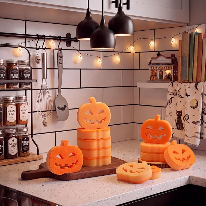 Tioncy 12 Pack Halloween Pumpkin Kitchen Sponges, Orange | Dual Sided Scrubber, Gothic Halloween Decor, Reusable Non Scratch Dishwashing, for Cookware Pot Boiler Pan Household
