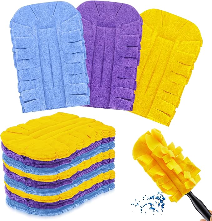 Zubebe 12 Pcs Reusable Duster Refills Fleece,Purple, Light Blue, Yellow | Soft Polyester Fiber Flat Duster Refill Multi Surface Washable Cleaning Pad Tools for Home, Blinds, Car, Pet, Furniture, Fans