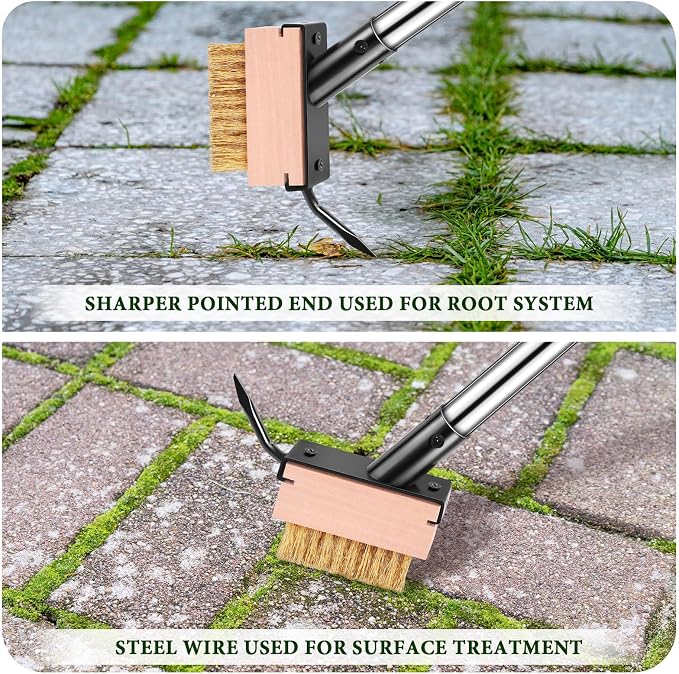 MUDEREK Crack Weeder Tool - Weed Puller Tool with 2 Heads and Scraping Hook | Paver Weeding Moss Remover Brush with Adjustable Steel Handle for Cleaning Paving Joint Sidewalk Patio Stone Driveway Deck