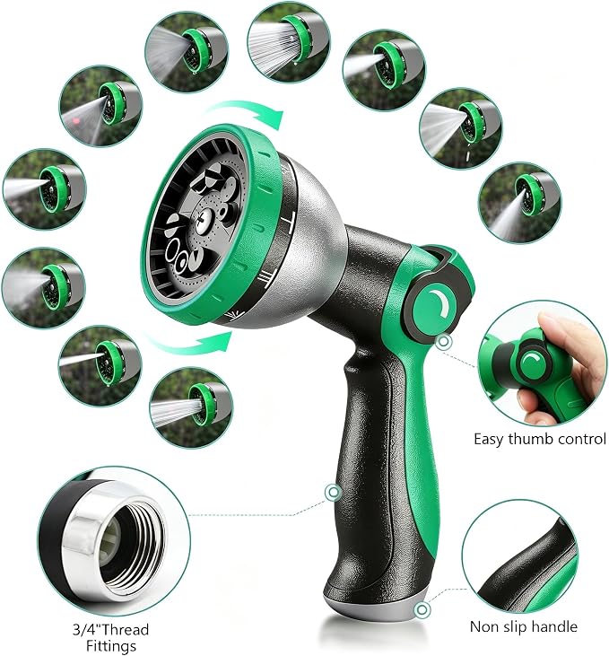 Garden Hose 25FT, Ultra Lightweight with 10-Function Nozzle | Kink-free & leak-proof 25FT hose. Ultra-lightweight 2.8 lbs, durable fittings, 10-pattern nozzle. Includes 3 extra washers.