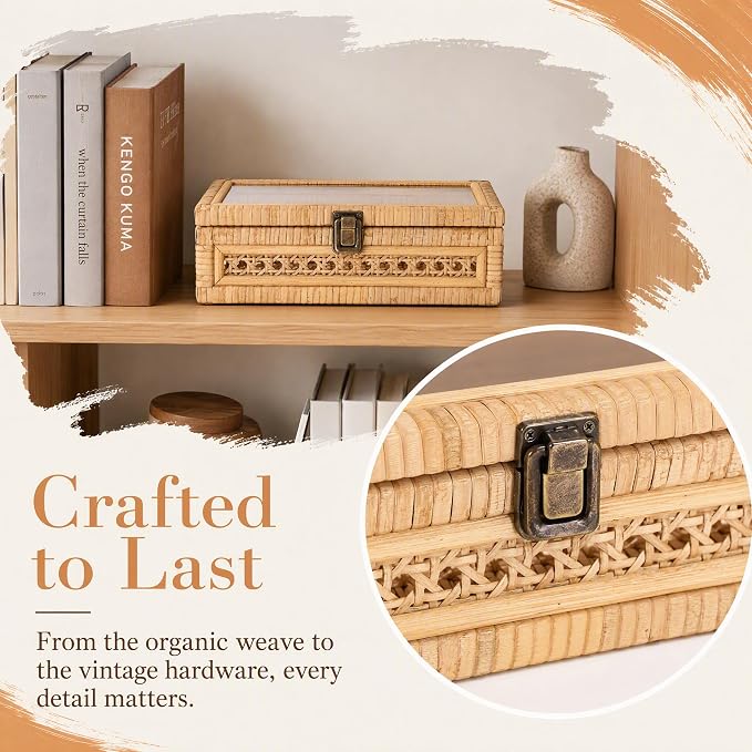 Hipiwe Rattan Storage Box with Lid Vintage Decorative Basket for Home Decor | Handwoven Wicker Basket Box for Display, Rectangular Storage Bin for Remotes, Keepsake, 9.8" x 5.9" x 3.1"