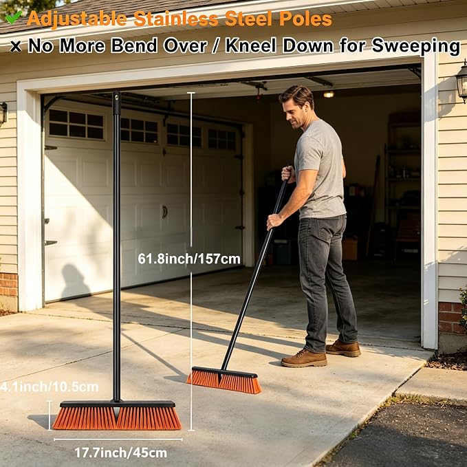 Push Broom, Outdoor Broom, Push Broom Outdoor for Garage, Deck | 18‑inch stiff bristle head works as garage, shop & industrial broom for concrete, decks, patios. Ergonomic handle + hook