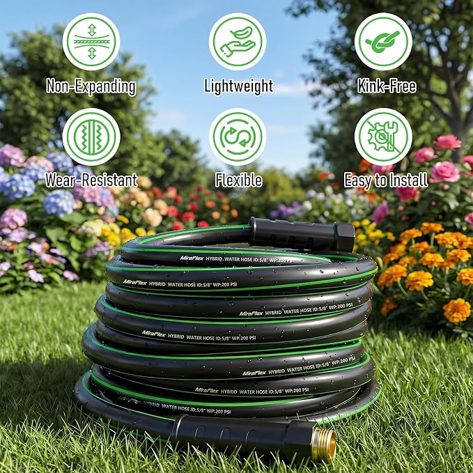 Non-Expandable Garden Hose 25ft, Lightweight Hybrid Rubber PVC Water Hose, Kink Resistant, Solid Brass 5/8" Fittings, 200PSI Working / 600PSI Burst, for Yard RV Car Wash