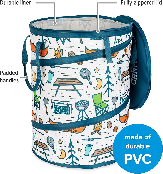Camco Pop-Up Utility Container - Use as Collapsible Trash Can When Camping - Holds 30-Gallon Kitchen-Size Trash Bags - Stands 2-Ft Tall & Collapses for RV Storage and Organization (42997)