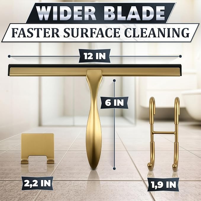 Stainless Steel Shower Squeegee, Glass, Silicone, 12 Inch (Gold) | Shower Door Squeegee with Silicone Blade, Adhesive & Hanging Hooks for Mirror, Tile, Window, Car, Multi-Surface Everyday Use