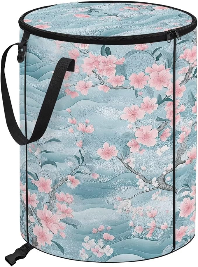 Cherry Blossom 24 Gal Collapsible Trash Can w/Lid Waterproof Foldable Garbage Bin for Camping, Backyard & Hiking | Heavy Duty Pop-Up Design (23x18in) Car Camping Gear