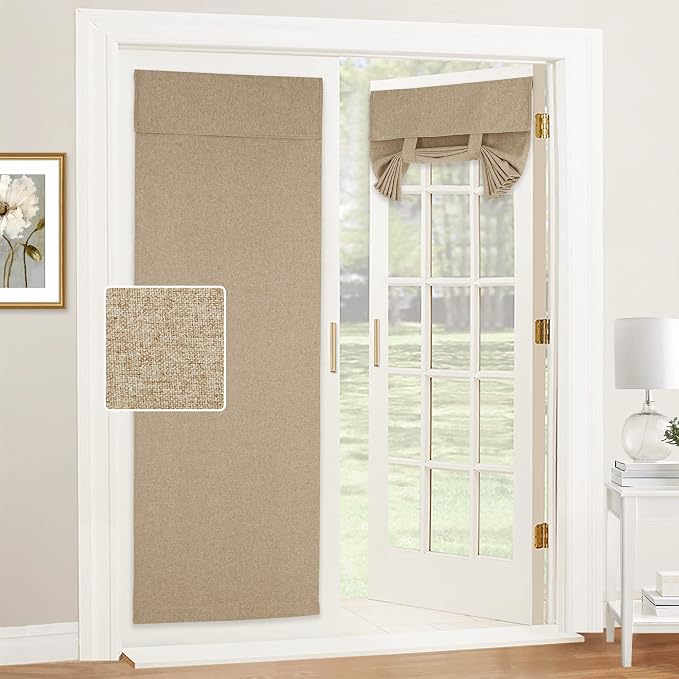 RYB HOME French Door Curtains for Patio Sliding Glass Door, Window Covering | Farmhouse Home Decor, Adhesive No Drill, Faux Linen, Room Darkening, Privacy Window Blinds, Tie Up, W26 x L69, Mocha, 1 Panel