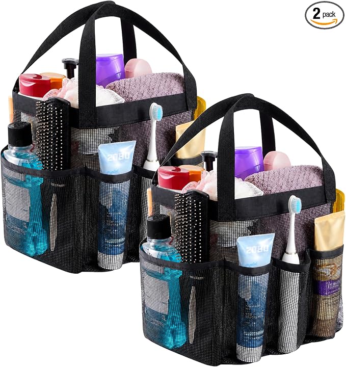 Lifewit Mesh Shower Caddy Portable, Dorm Room Essentials, 2 Packs, Black | 2 Handles, Freestanding, Quick Dry Tote Bag, 7 Pockets, for Toiletry, Bathroom, Beach, Swimming, Gym, Camping, Travel