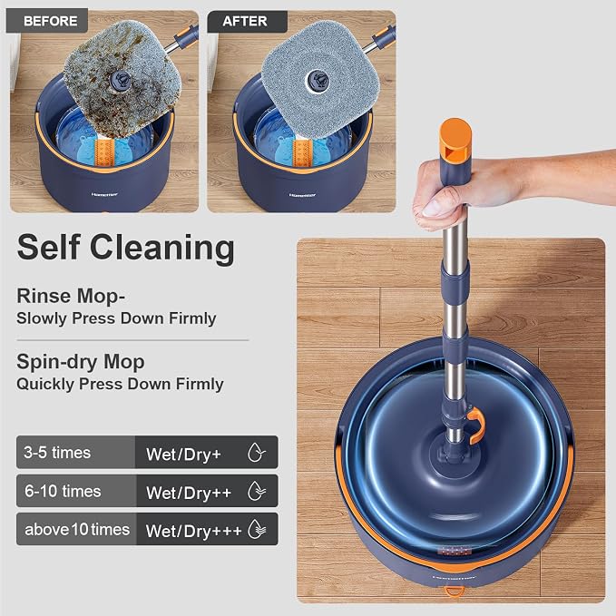 HoMettler Spin Mop and Bucket Set, Mop Bucket with Separate Dirty Water System, Deep-Cleaning Mops for Floors/Wall, Versatile Mops with 4 Microfiber Mop Pads