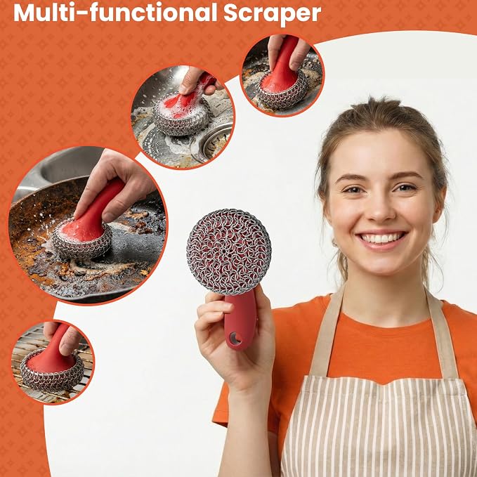 Cast Iron Scrubber with Long Handle Dish Scouring Pad Chainmail Cleaner | 316 Cast Iron Scrubber for Pan Skillet, Dishwasher Safe Cleaning Kit (Red, 1 Scrubber + 1 Scraper)