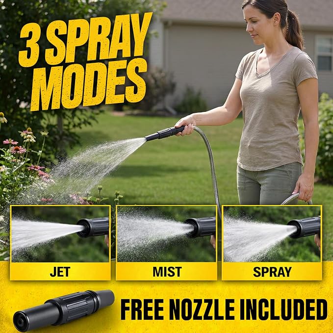 BIONIC STEEL 100 Ft Metal Garden Hose with Sprayer Nozzle | Non Kinking Design, Stainless Steel Heavy Duty Water Hose 100 Ft x 5/8 in. Flexible & NON Expandable for Water Flow, 500 PSI