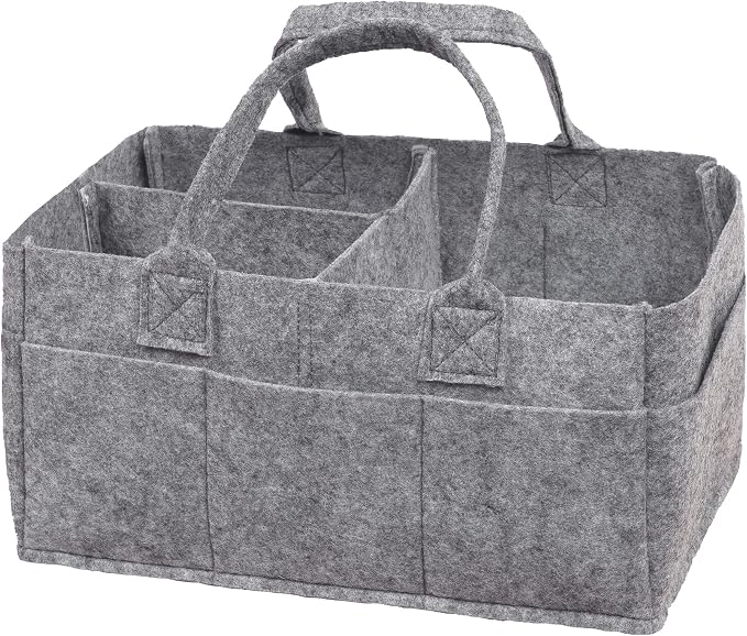 Sammy & Lou Collapsible Light Gray Felt Storage Caddy, Divided Design To Keep Diapers, Wipes And Changing Items Organized, Two Handles, 11.5"D x 6"W x 8"H