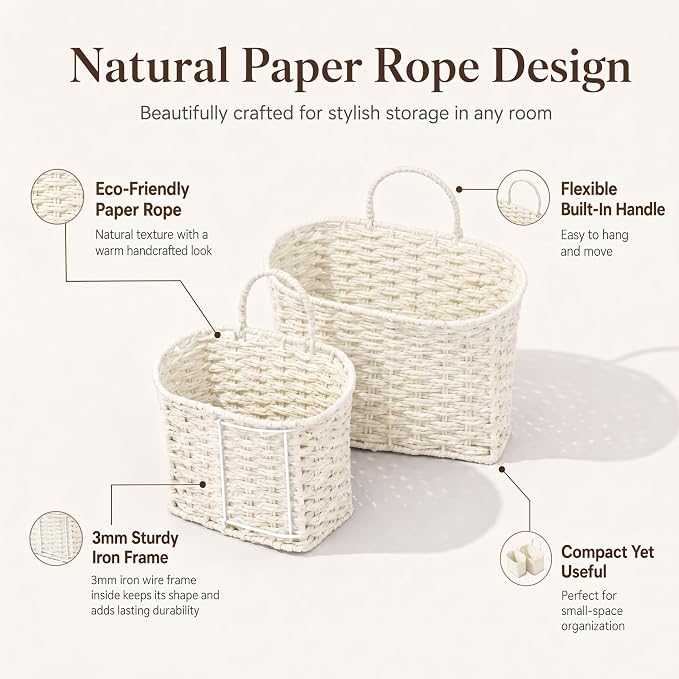 Coeusy Set of 2 Wicker Hanging Basket,Paper Roper Wall Basket,Beige White | Rattan Baskets for Front Door, Mail, Flowers,Entryway,Nursery Wall Decor Storage