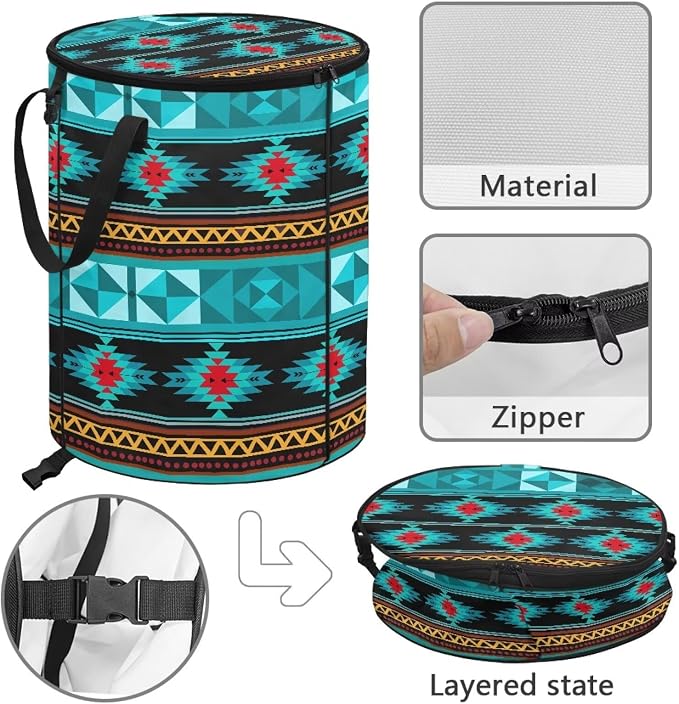 24 Gallon Large Capacity Collapsible Trash Can with Lid and Handles, Garden Leaf Bin Foldable Camping Trash Can for Yard Outdoor Picnics Blue Navajo Tribal Geometric Print