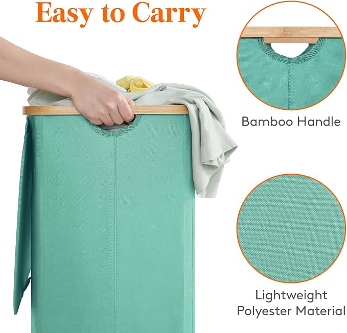 Lifewit 105L Laundry Basket with Lid, Clothes Hampers for Laundry with Bamboo Handles and 1 Removable Bag, Large Foldable Laundry Hamper for Bedroom, Bathroom, Dorm, Laundry Room, Sage Green