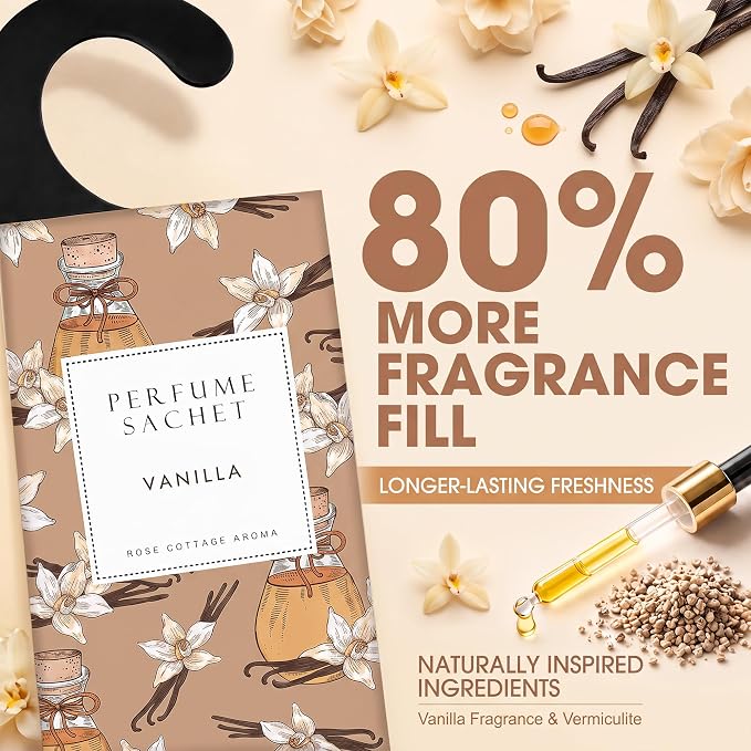 Large 12 Packs Vanilla Hanging Scented Sachets Long-Lasting Closet Deodorizer Air Freshener Fabric Refresher Odor Eliminator for Drawer Home Fragrance Gift Set