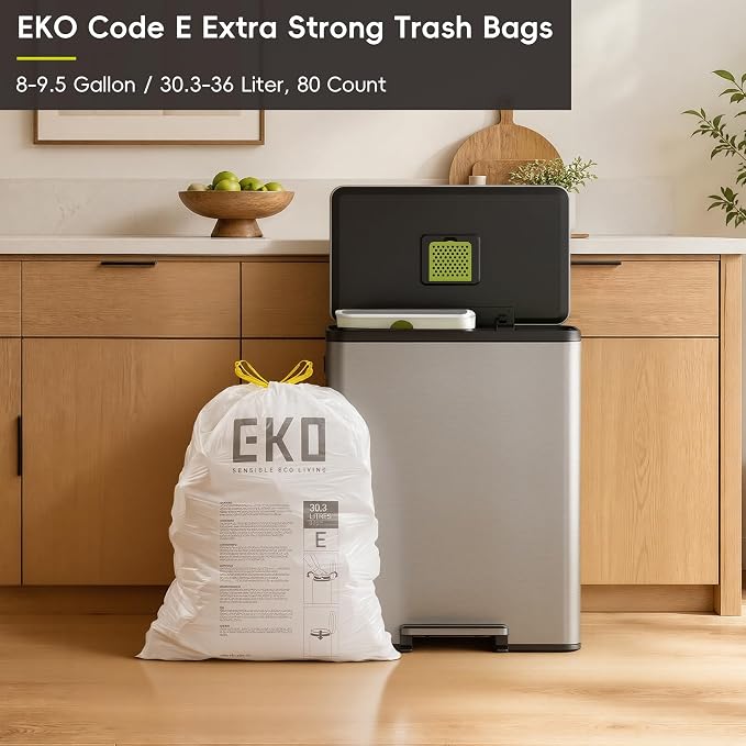 EKO Easy-Dispense Roll 80 Count Extra-Strong Drawstring Tall Kitchen Trash Bag, 8-9.5 Gallon Trash Bag (30.3L-36L) 1 Pack White, Code E