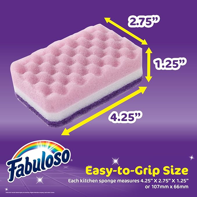 Fabuloso Scratch-Free Kitchen Dish Sponges, Purple, 12 Count Pack | Reversible pad and sponge combo, safe on nonstick cookware, ideal for everyday cleanup