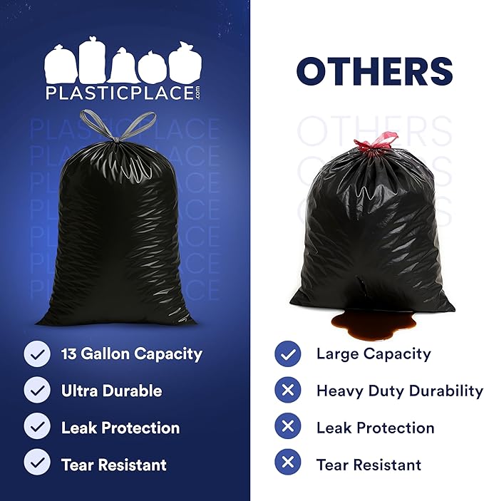 Plasticplace W13DSBKJR 13 Gallon Trash Bags │ 1.2 Mil │ (50 Count) Black Extra Tall Garbage Can Liners │ 24” x 31”