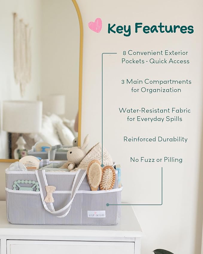 Baby Diaper Caddy Organizer, Baby Shower Basket for Newborn Boys or Girls, Nursery Must Haves for New Mom, Registry Favorites, Large Storage Tote for Changing Table or Car, Gray