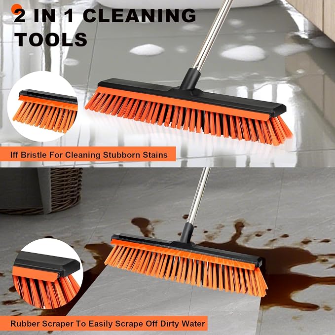 18" Push Broom Outdoor with Rubber Squeegee,Heavy Duty Broom Brush with Handle,Stiff Bristles for Patios and Deck Dirt Garage Warehouse Driveway Concrete Floor Cleaning Scrubbing