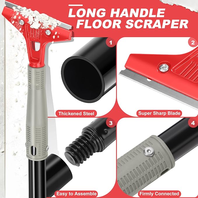 Floor Scraper Long Handle Heavy Duty, 30"-58" Long, 4" Wide Blade | Razor Blade Floor Scraper Tool, For Cleaning Stickers Gum Paint Hardwood Floor Wall Glass Tile Grout, 10 Extra Blades