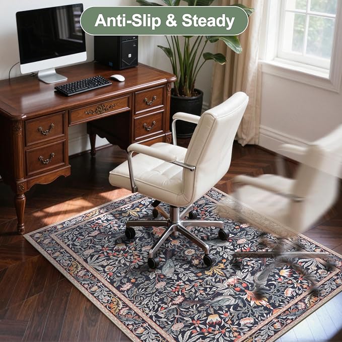 Anidaroel 48"x60" Office Chair Mat for Hardwood Floor/Tile, Vintage Desk Chair Mat for Hardwood, Anti-Slip Floral Bird Rug for Office, Low Plie Floor Protector for Rolling Chairs, Taupe
