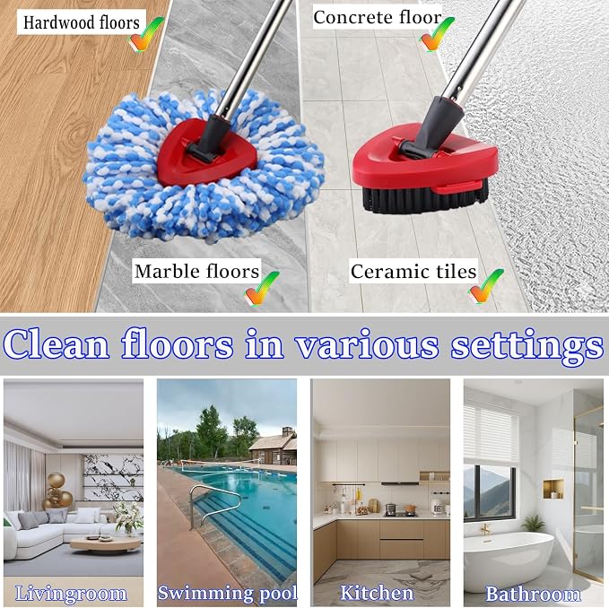 Mop Heads Replacement Handle for Ocedar RinseClean 2-Tank System, 2 Microfiber Mop Refills, 1 Mop Handle (30-58in Adjustable 4-Section Pole), 2 Scrub Brush, 1 Spin Base for O Cedar RinseClean
