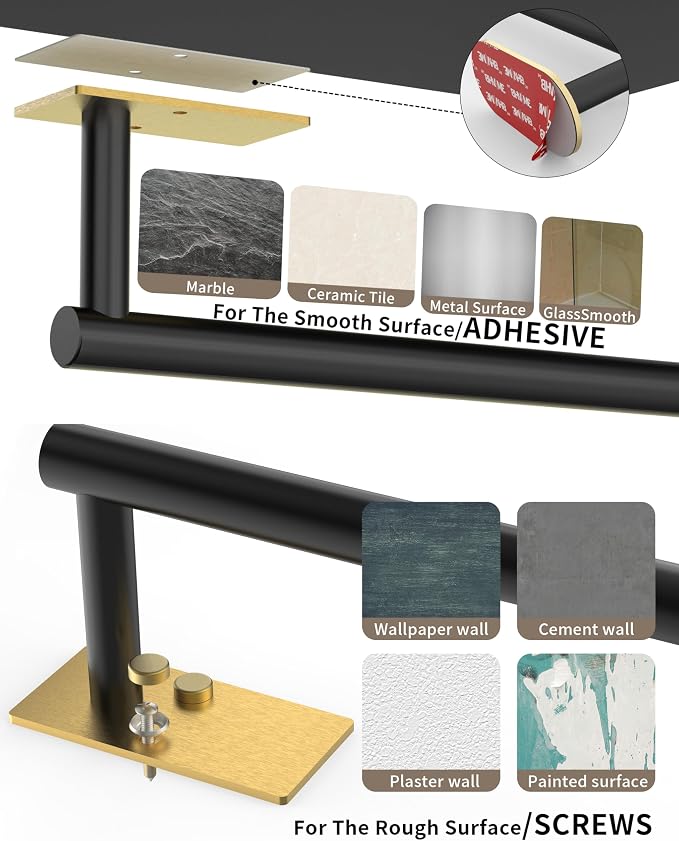 Paper Towel Holder Under Cabinet Self Adhesive Black & Gold | 304 Stainless Steel Post Pivoting Design Wall Mounted & No Drilling for Kitchen Waterproof & Rustproof, Square Base