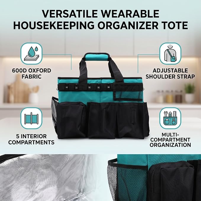 Fockety Cleaning Caddy Bag, 15.35x9.45x10.63in Portable Clean Organizer Tote Bag with Adjustable Shoulder Strap, 36.4oz Oxford Fabric Supplies Tool Storage for Housekeeping Cleaning