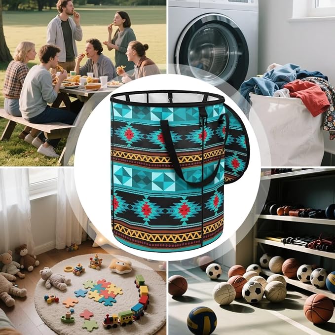 24 Gallon Large Capacity Collapsible Trash Can with Lid and Handles, Garden Leaf Bin Foldable Camping Trash Can for Yard Outdoor Picnics Blue Navajo Tribal Geometric Print