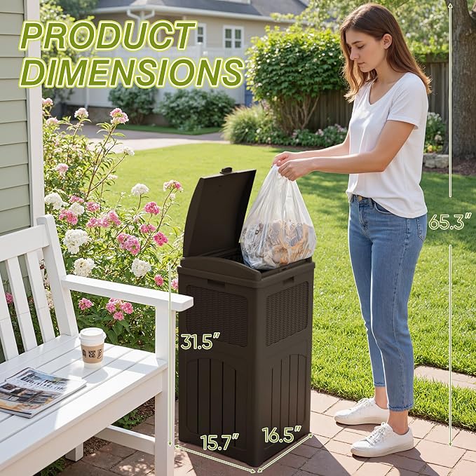 Greesum 33 Gallon Outdoor Trash Can with Lid, 3 Pack, Dark Brown | Waterproof, Resin Garbage Bin for Hideaway, Deck, Patio,