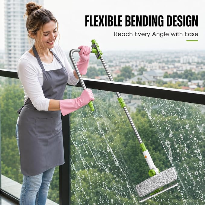 ORIXA U Shaped Window Cleaner for Outside Windows, Extendable Telescopic Pole with Rotatable Squeegee Head, Clean Exterior Glass from Inside, 2 Reusable Microfiber Cloths