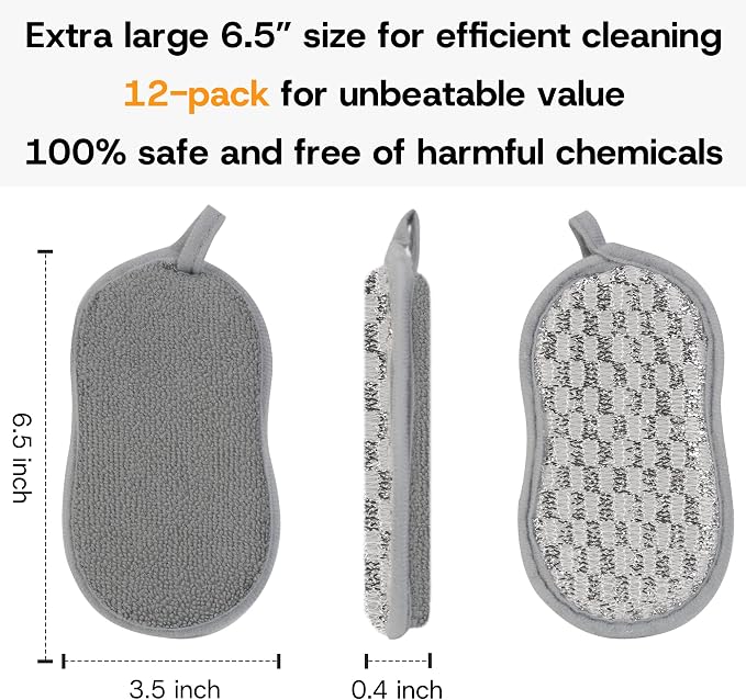 Multi-Purpose Dish Sponges Kitchen, Dual-Sided Non Scratch Scrub Sponges | 12Pack Reusable Cleaning Sponges with Microfiber & Metal Scrubber，Sponges for Dishes, Pots, Glass, Sink, Stovetop & Bathroom