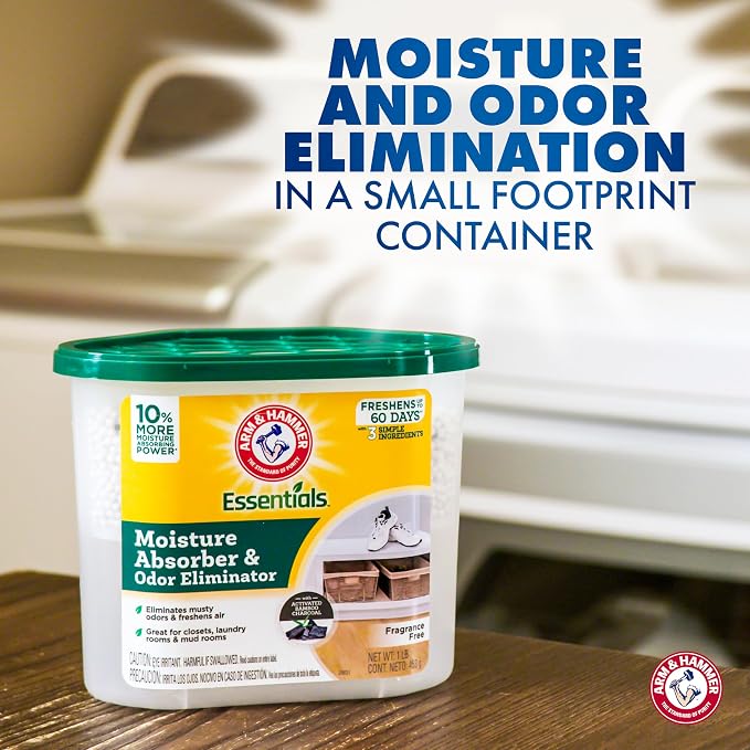 Arm & Hammer Essentials Disposable Moisture Absorber and Odor Eliminator Tub, Fragrance Free, 1 lb., Attracts and Traps Excess Moisture, Ideal Closet Dehumidifier (Pack of 3)