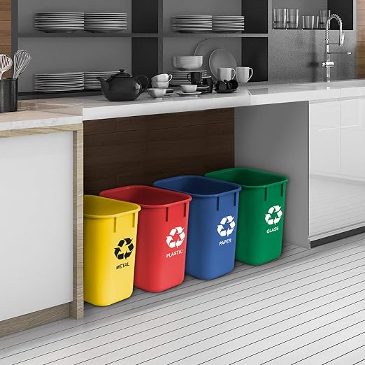 Acrimet Wastebasket Bin for Recycling, 3.25 Gallon/13 Quart/12 Liter (Made of Plastic) (Metal/Yellow, Paper/Blue, Glass/Green, Plastic/Red) (Set of 4)