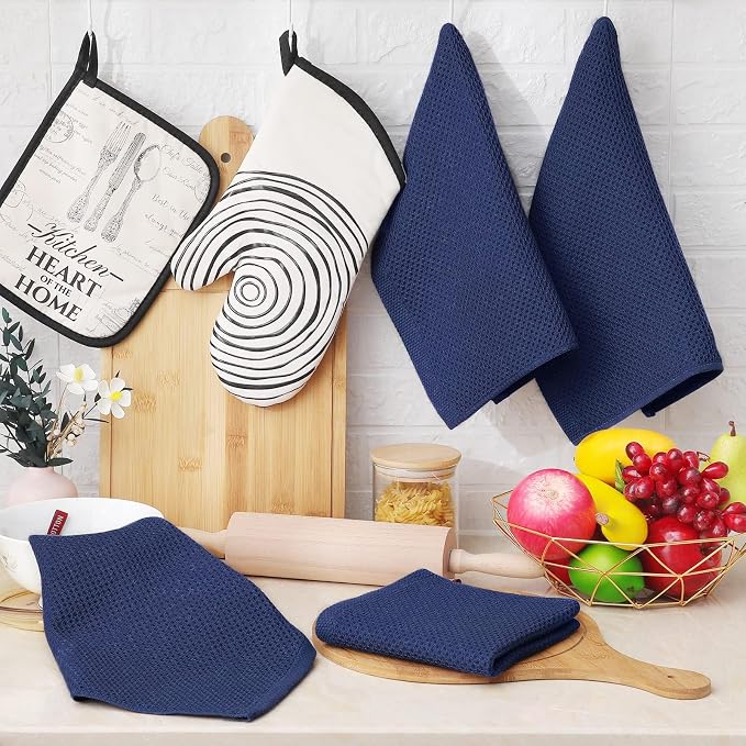 Homaxy 100% Cotton Waffle Weave Kitchen Dish Cloths 8-Pack, Dark Navy | 12 x 12 Inches, Ultra Soft Absorbent Dish Towels, Quick Drying Dish Rags with Hanging Loop