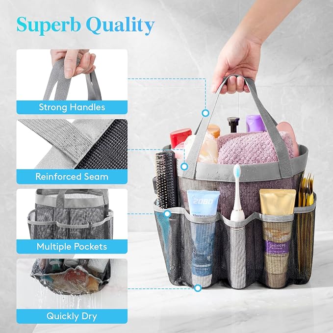 Lifewit Mesh Shower Caddy Portable for College Dorm Room Essentials with 7 Pockets, Freestanding Hanging Organizer Basket, Quick Dry Tote Bag for Camping, Bathroom, Beach, Travel, 1 Pack, Grey | 2 Handles, Freestanding, Quick Dry Tote Bag, 7 Pockets, f...
