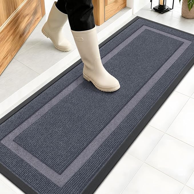 OLANLY Front Door Mat Outside 47x17, All-Season Heavy-Duty Rubber Doormat | Light Grey, Absorbent, Stain Fade Resistant, Waterproof Non-Slip Backing, Low-Profile Indoor Outdoor Floor Mat for Entryway