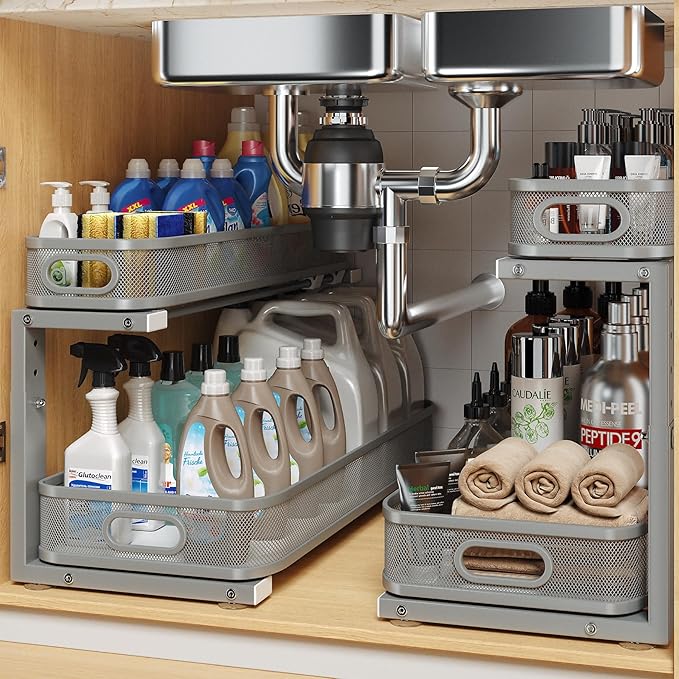 2 Pack 21.3IN-Depth Under Sink Organizer with Smooth Cylindrical Rail,2-Tier Pull Out Multi-Purpose Cabinet Storage for Bathroom&Kitchen,Height Adjustable,Rust-Resistant Coating-Gun Gray