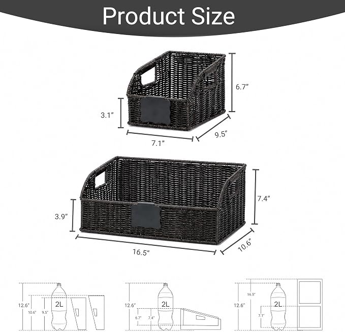 Pantry Organizers, Handwoven Large Wicker Baskets for Shelves, Labeled Storage Baskets for Organizing with Handles - Waterproof Plastic Storage Bins, Boho Decorative, 3Pack, Black